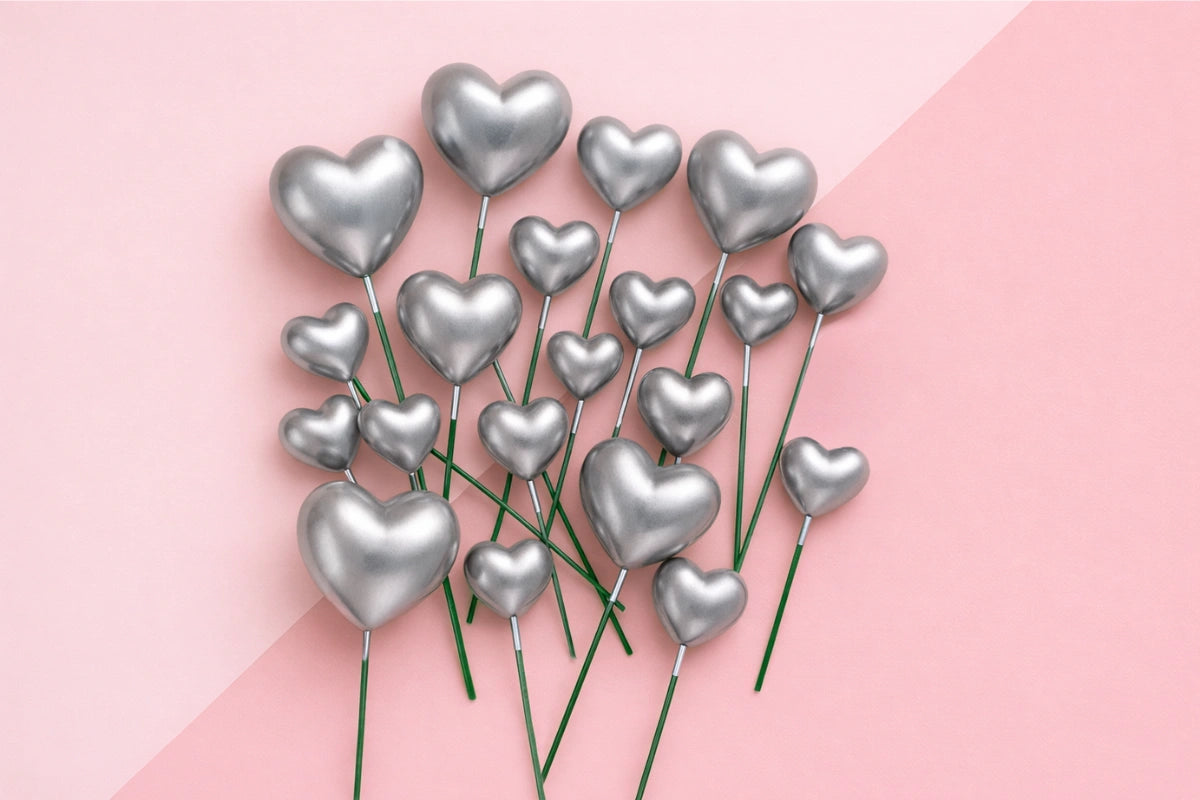 Silver Metallic Heart Toppers (20 Pack) - Iconic Cake Art