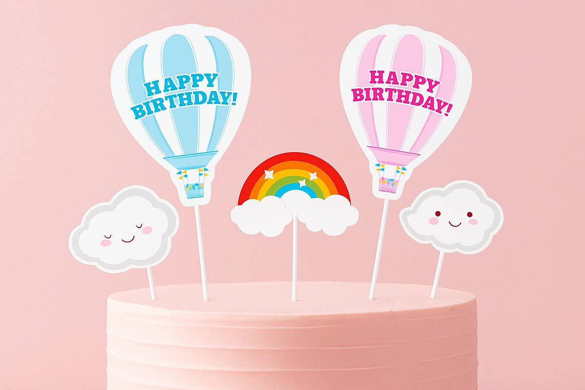 Blue Pink Hot Air Balloon Cake Topper Set (4 Pack) - Iconic Cake Art