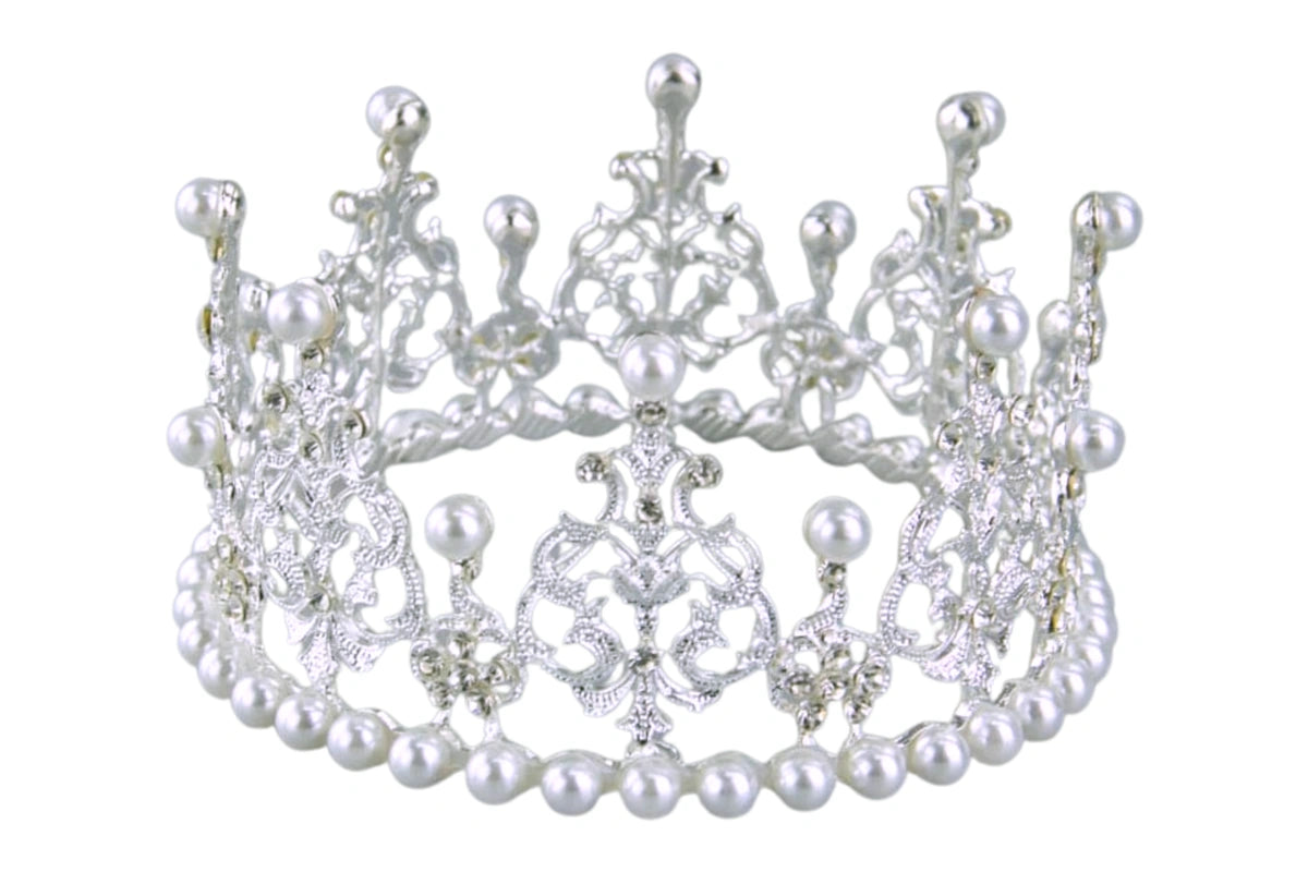 Silver 8 Petal Faux Pearl Accent Crown Tiara - Diameter - Cake Topper 120mm - Iconic Cake Art