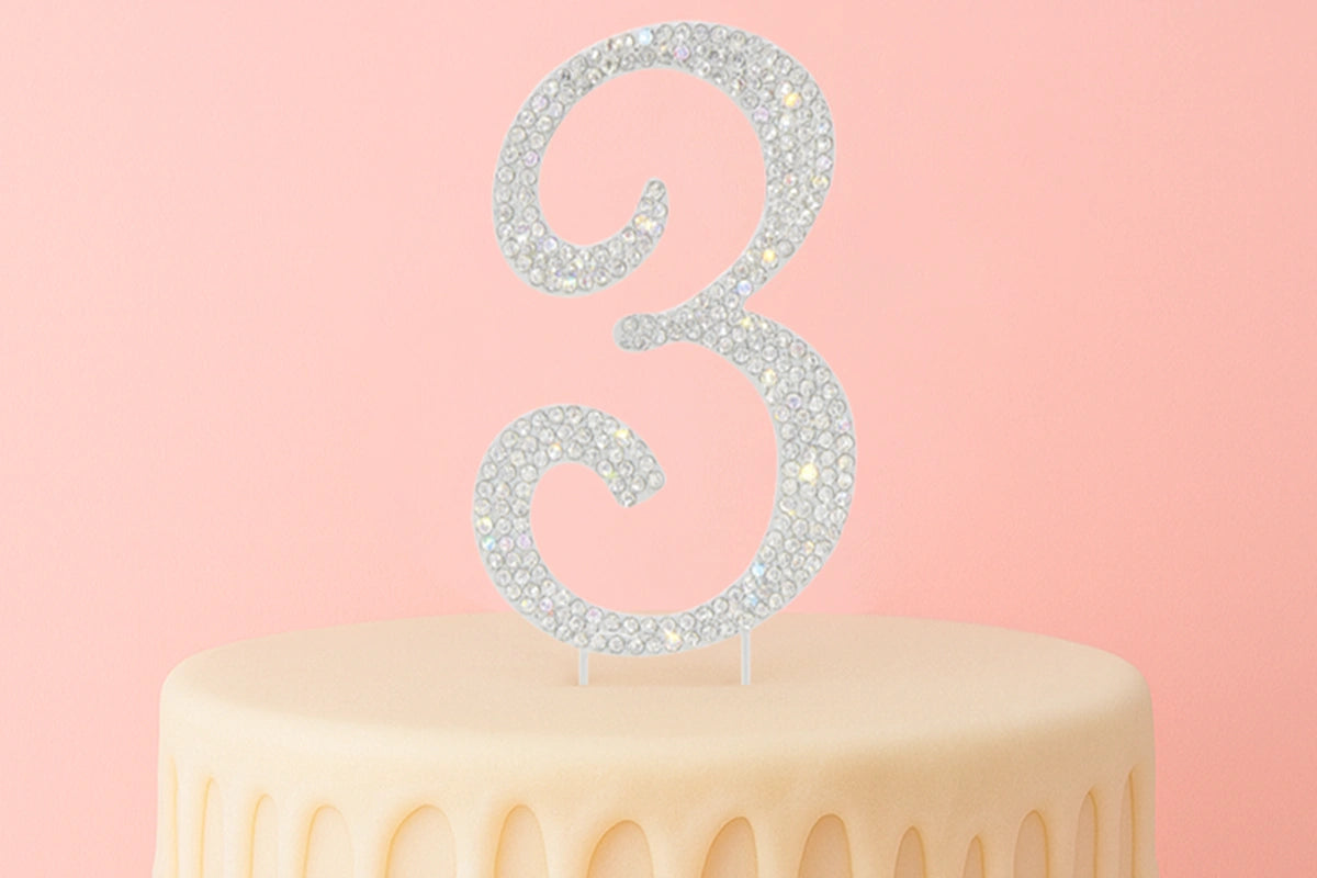 Diamante Number 3 - Rhinestone Cake Topper Monogram Birthday Anniversary 12cm - Iconic Cake Art