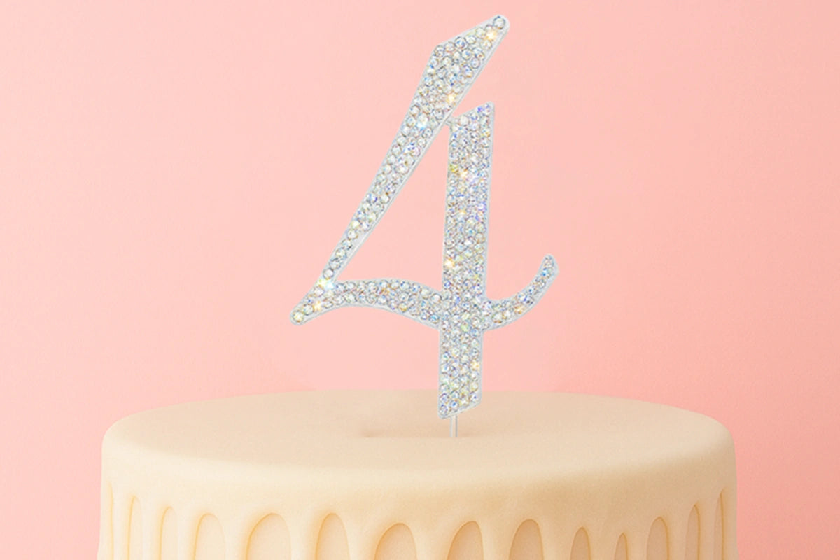 Diamante Number 4 - Rhinestone Cake Topper Monogram Birthday Anniversary 12cm - Iconic Cake Art