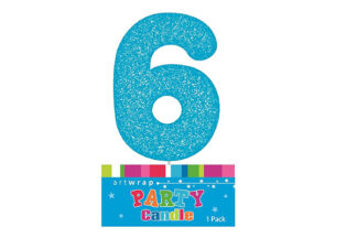 SIX BLUE GLITTER NUMBER 6 CANDLE,E4220