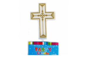 WHITE AND GOLD CROSS CANDLE,E598