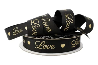 25mm BLACK WITH GOLD FOIL LOVE RIBBON,01-GG25LOVE-BLA-GLD